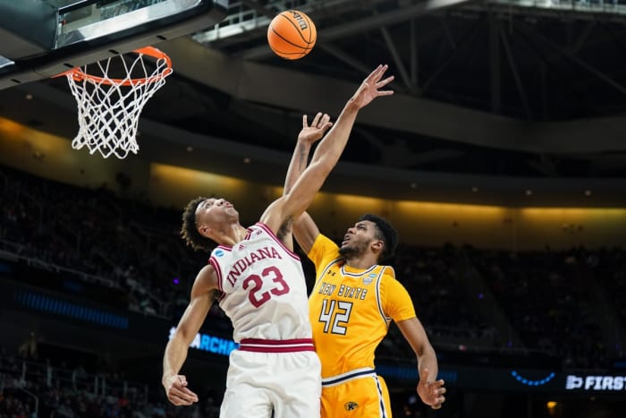 Kent State Golden Flashes center Cli'Ron Hornbeak (42) attempts a shot against Indiana Hoosiers forward Trayce Jackson-Davis (23).